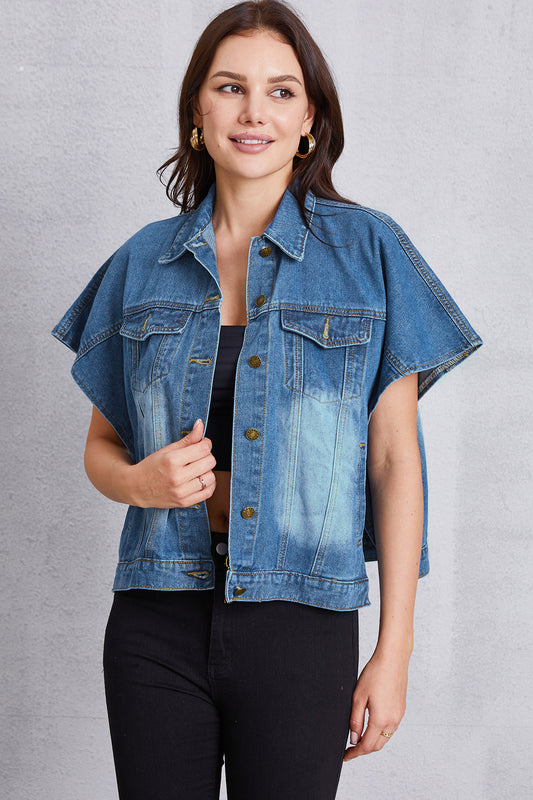 Pocketed Button Up Short Sleeve Denim Top - The Boutie Shop