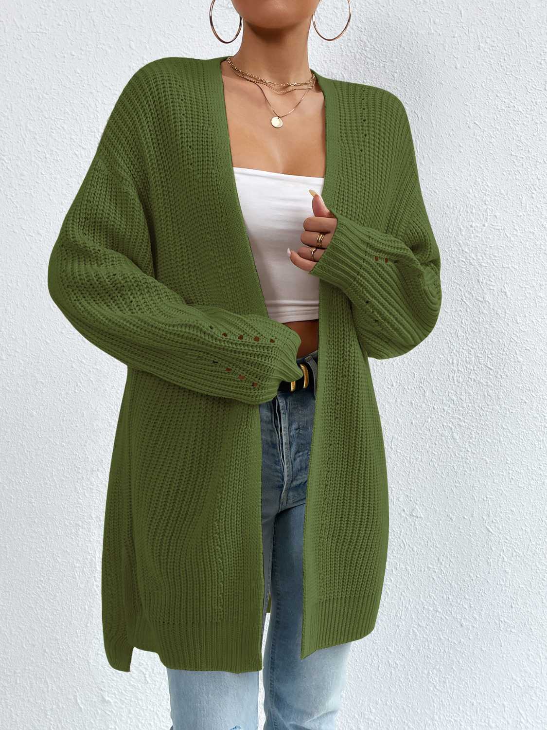 Open Front Dropped Shoulder Slit Cardigan - The Boutie Shop