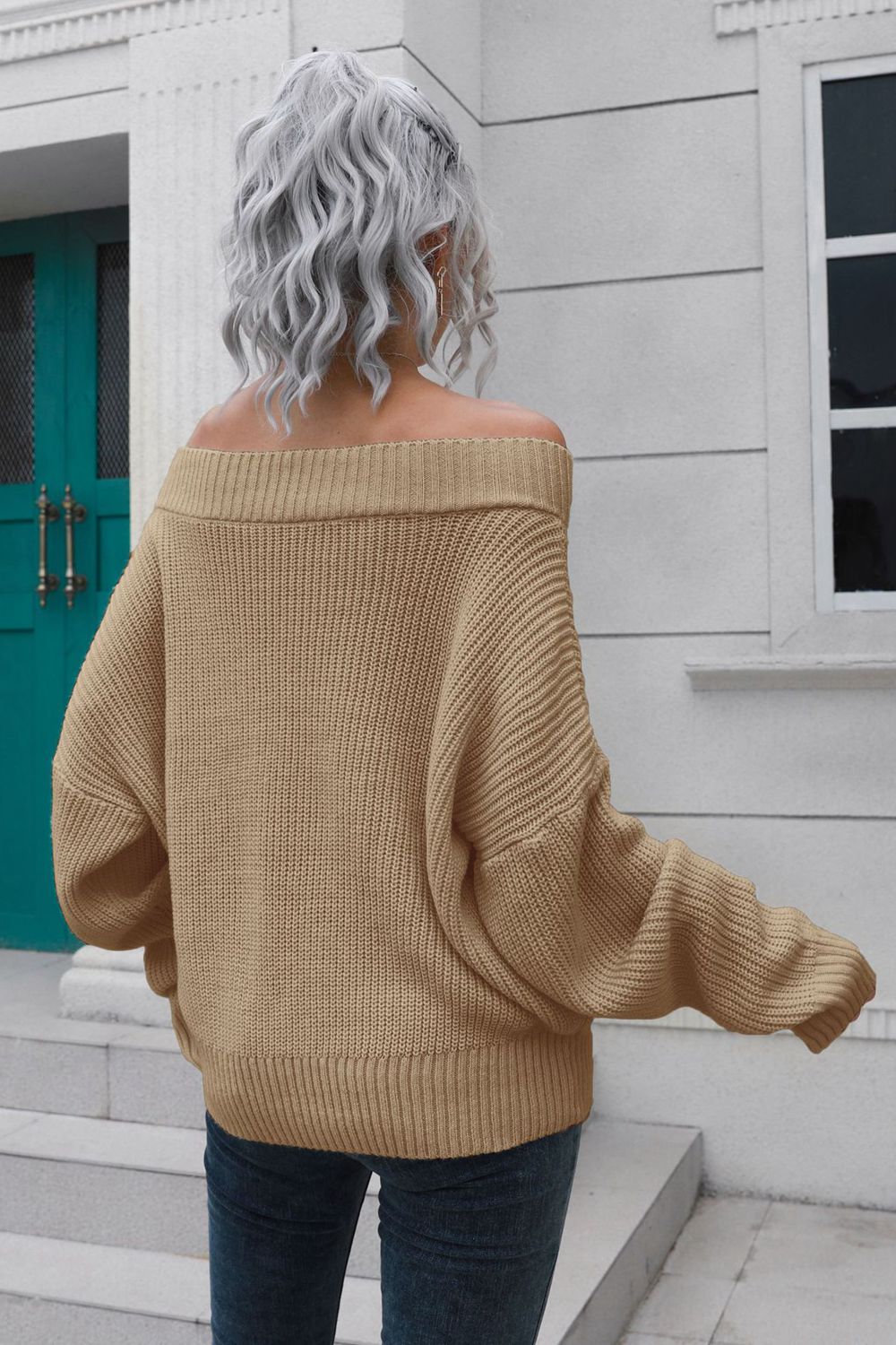 Off-Shoulder Ribbed Long Sleeve Pullover Sweater - The Boutie Shop