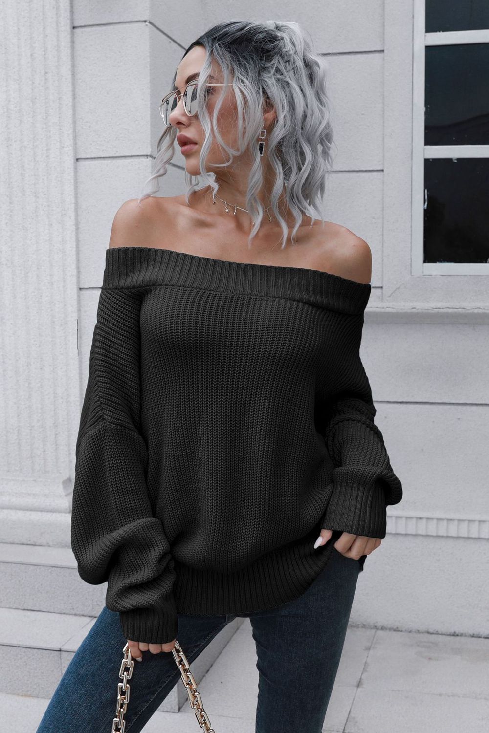 Off-Shoulder Ribbed Long Sleeve Pullover Sweater - The Boutie Shop