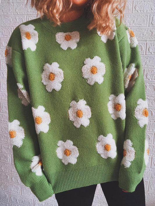 Flower Round Neck Long Sleeve Sweater - The Boutie Shop