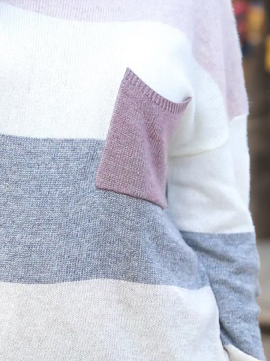Striped Round Neck Sweater with Pocket - The Boutie Shop