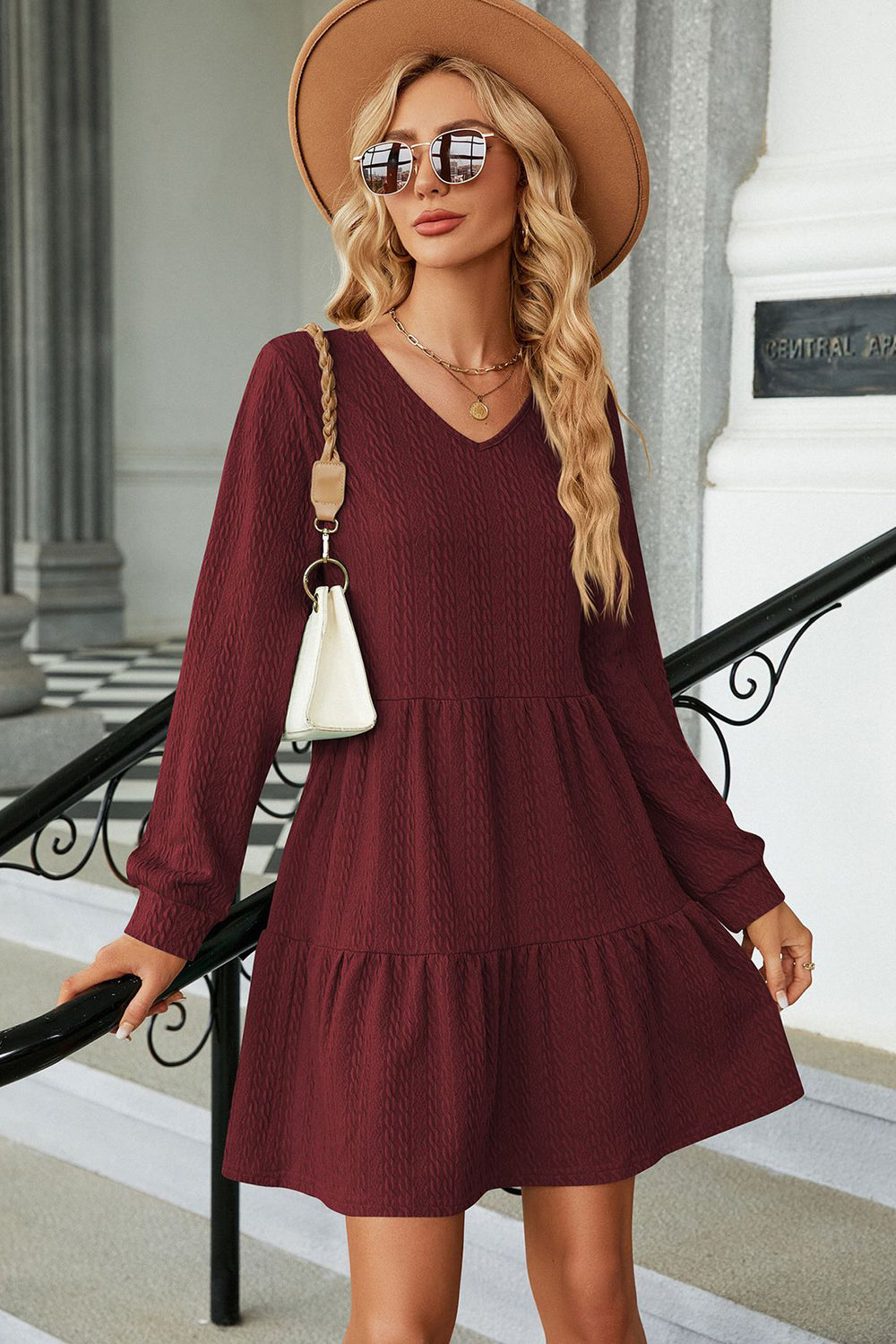 V-Neck Long Sleeve Mini Dress - The Boutie Shop