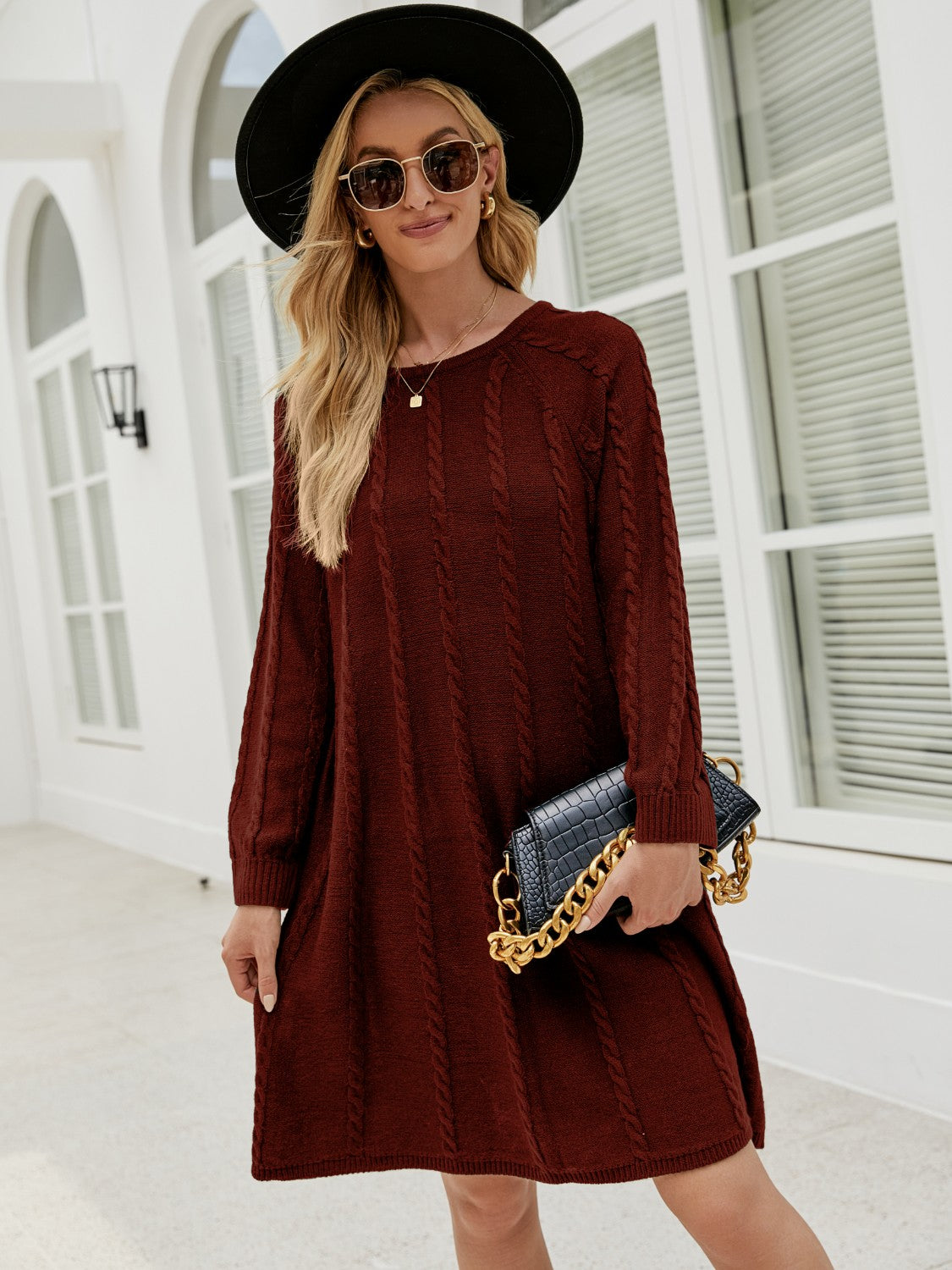 Cable-Knit Long Sleeve Sweater Dress - The Boutie Shop