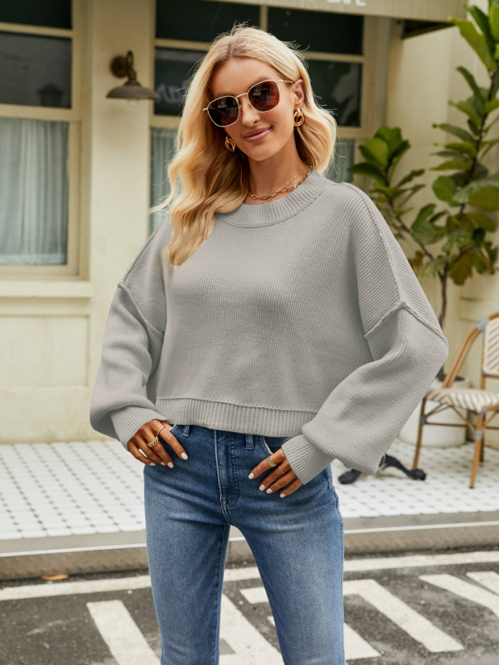 Round Neck Lantern Sleeve Sweater - The Boutie Shop