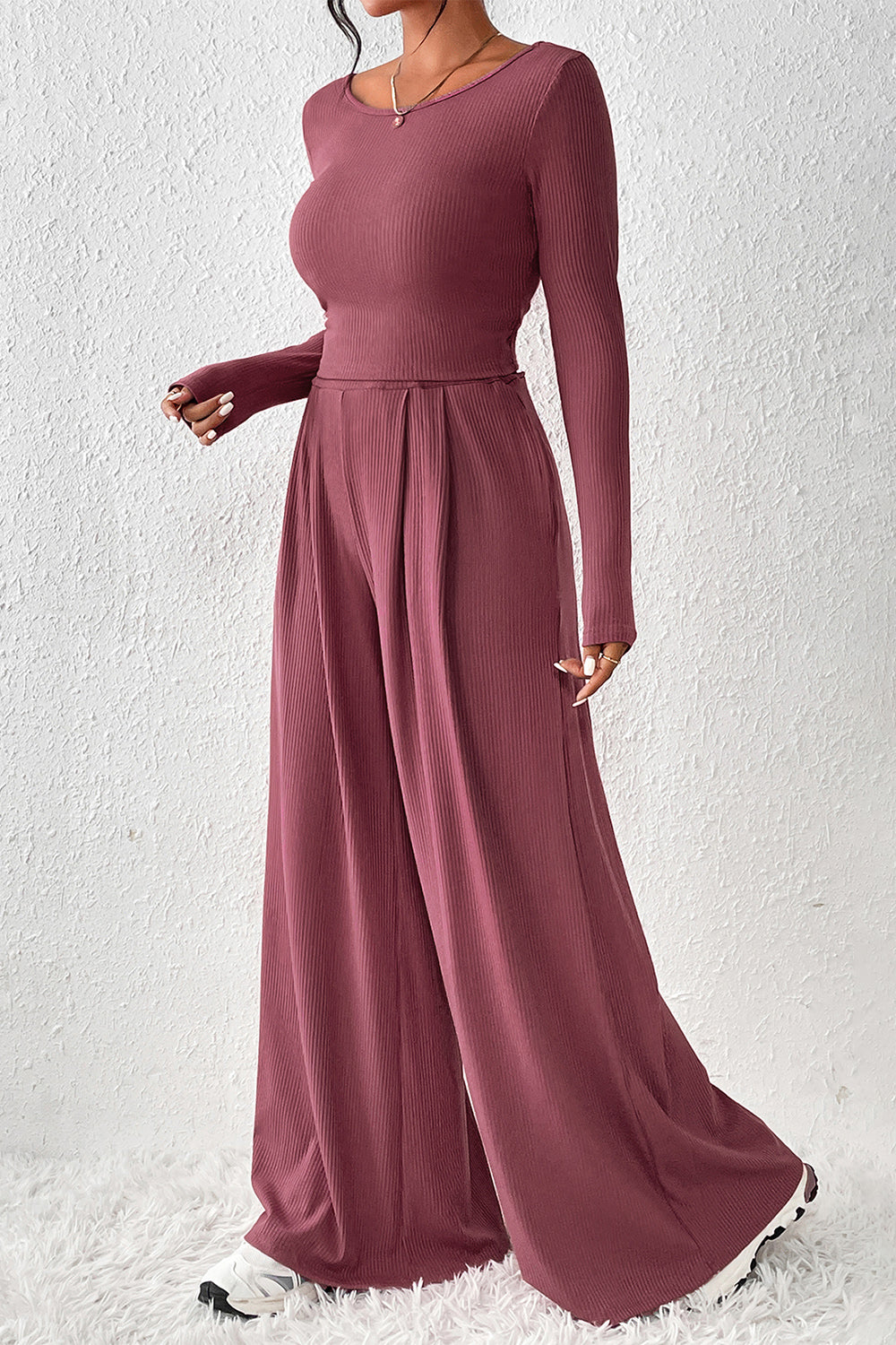 Ribbed Round Neck Top and Wide-Leg Pants Set - The Boutie Shop