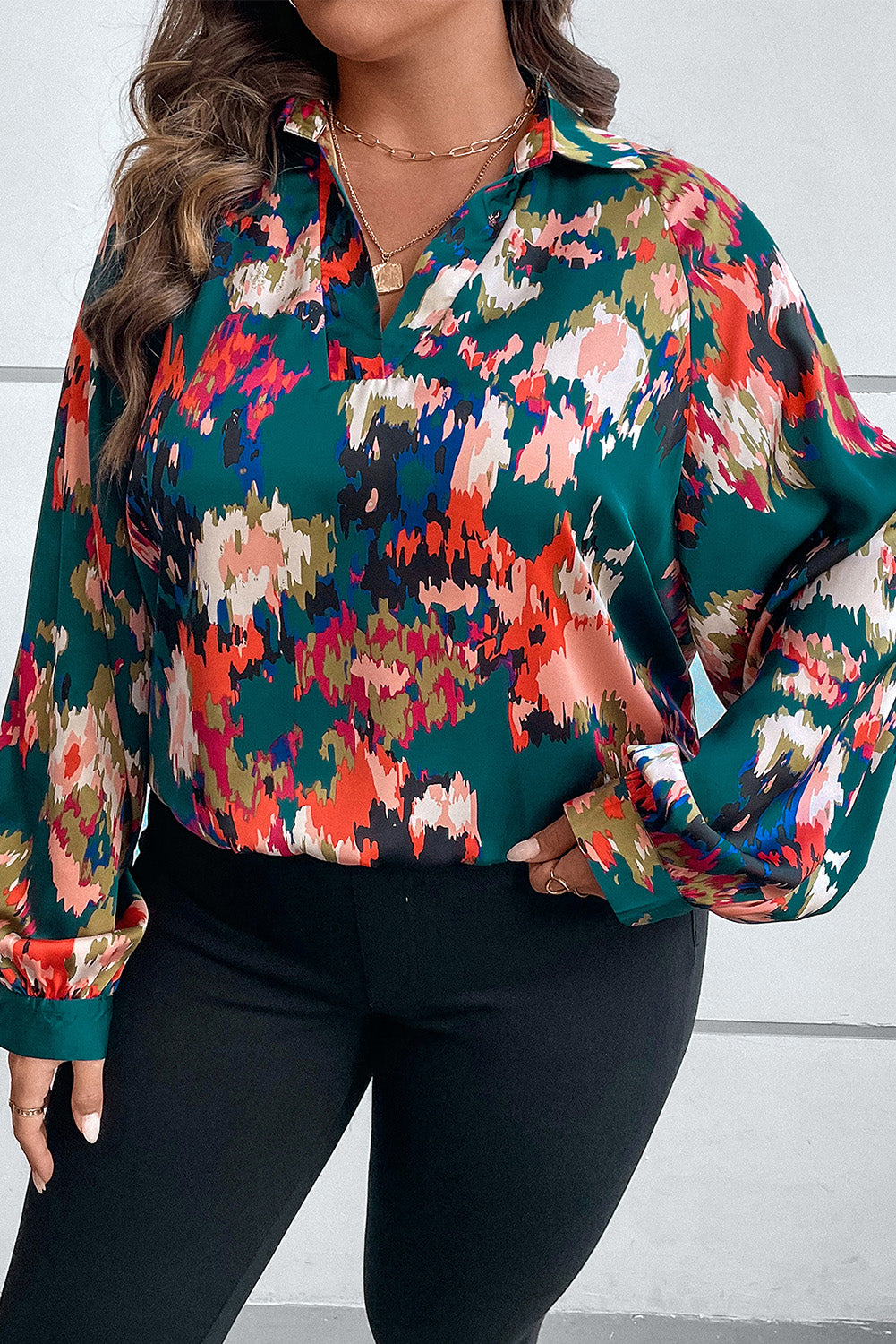 Plus Size Printed Johnny Collar Long Sleeve Blouse - The Boutie Shop