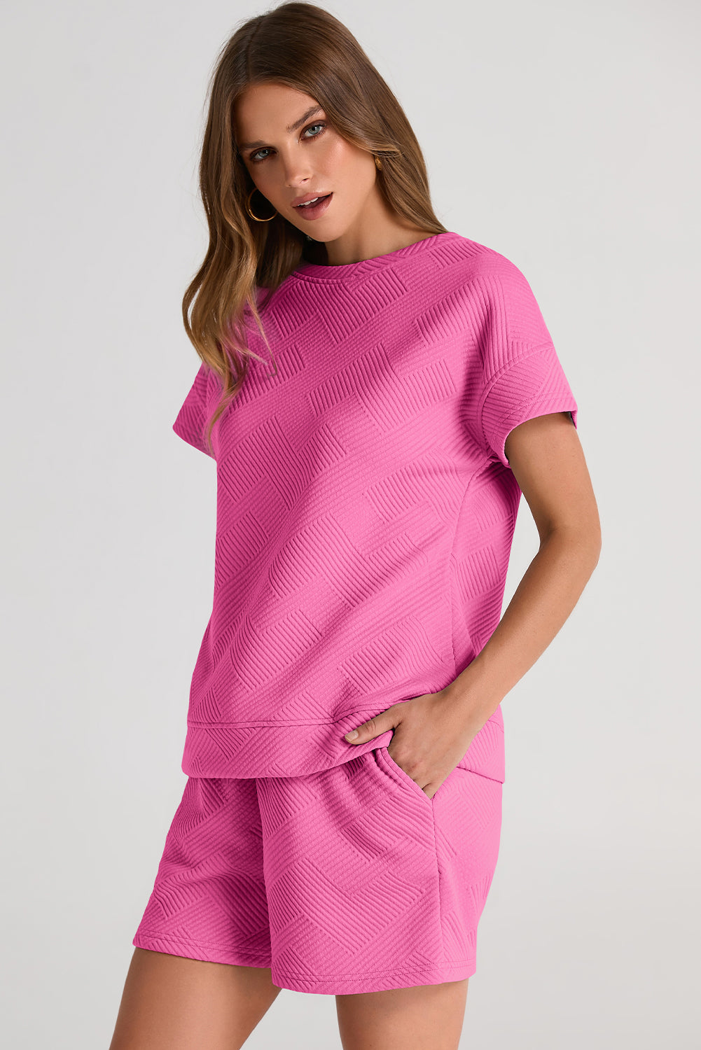 Textured Round Neck T-Shirt and Shorts Set - The Boutie Shop