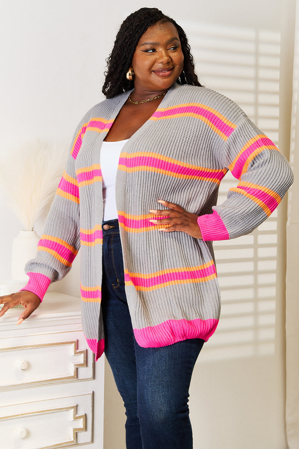 Woven Right Ribbed Long Sleeve Cardigan - The Boutie Shop