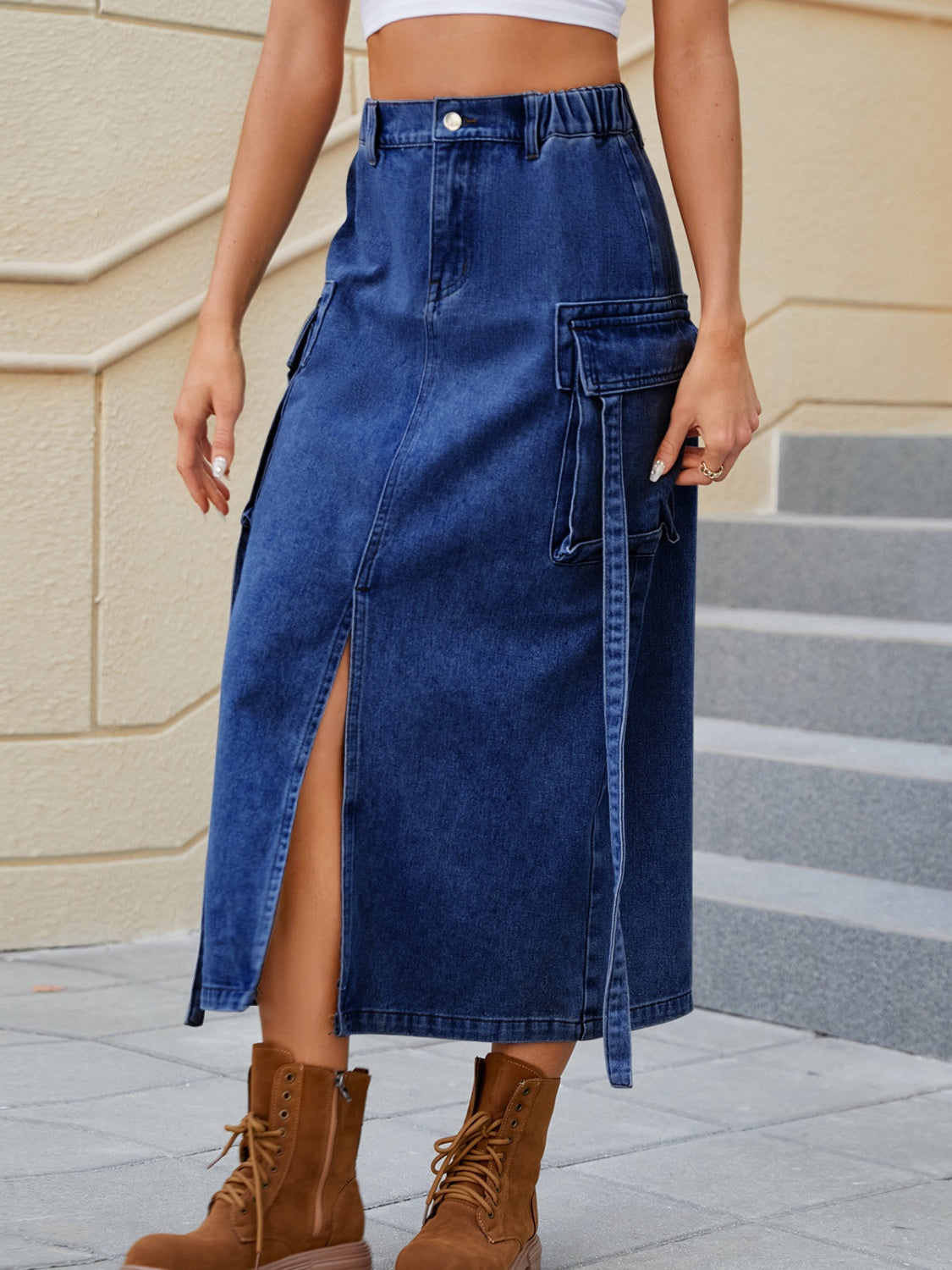 Slit Pocketed High Waist Denim Skirt - The Boutie Shop