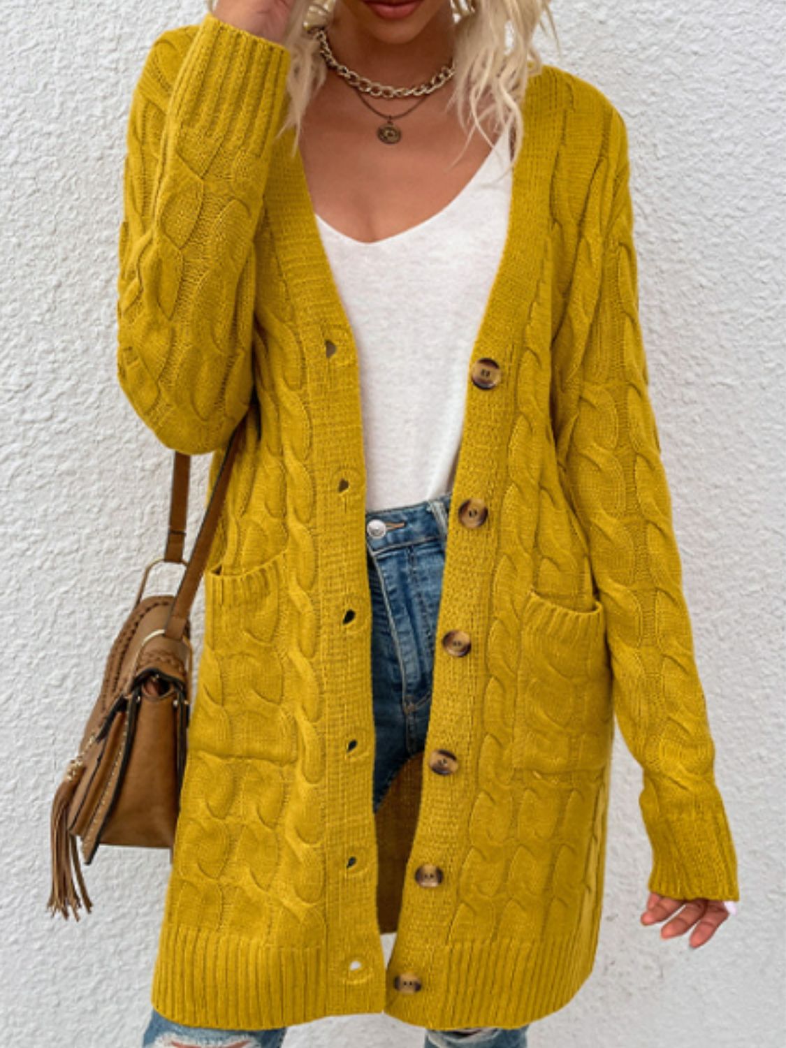 Cable-Knit Button Down Cardigan with Pockets - The Boutie Shop