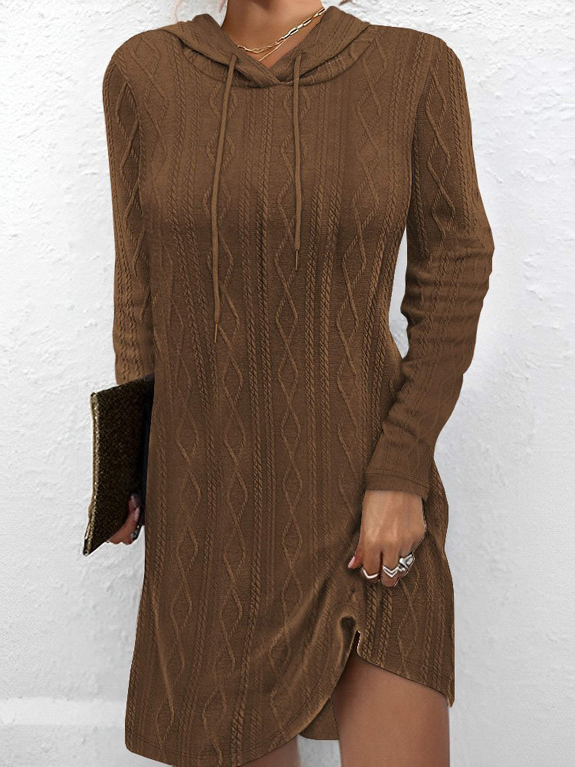 Textured Drawstring Long Sleeve Hooded Dress - The Boutie Shop