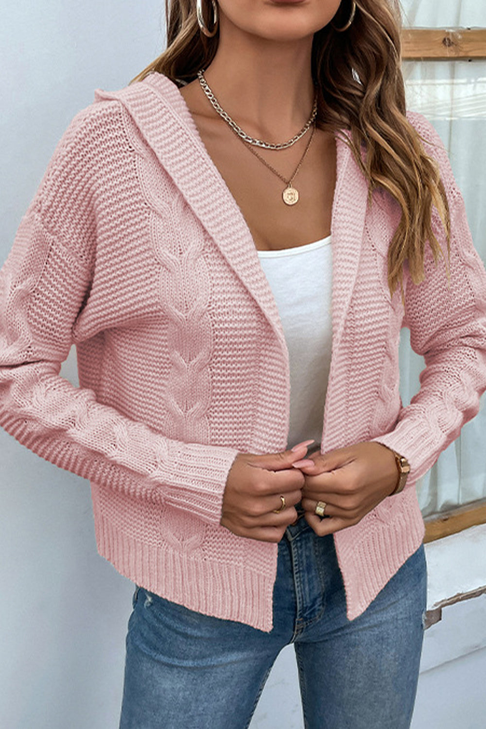 Cable-Knit Dropped Shoulder Hooded Cardigan - The Boutie Shop