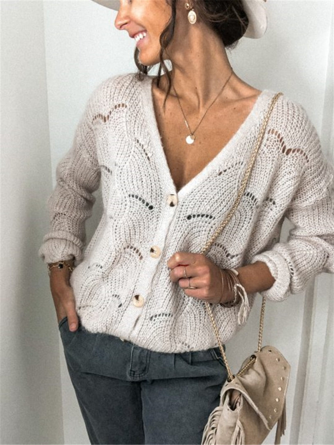 Openwork Button Up Long Sleeve Cardigan - The Boutie Shop