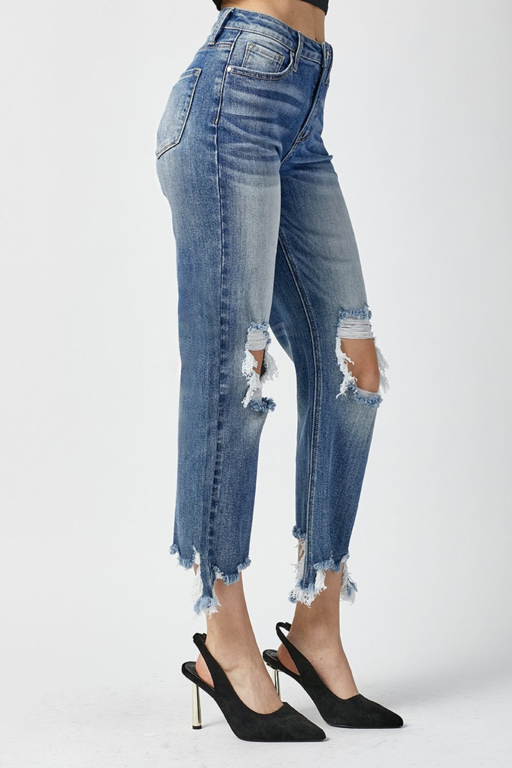 RISEN High Waist Distressed Frayed Hem Cropped Straight Jeans - The Boutie Shop