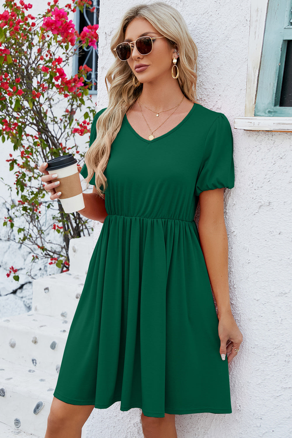 V-Neck Balloon Short Sleeve Dress - The Boutie Shop