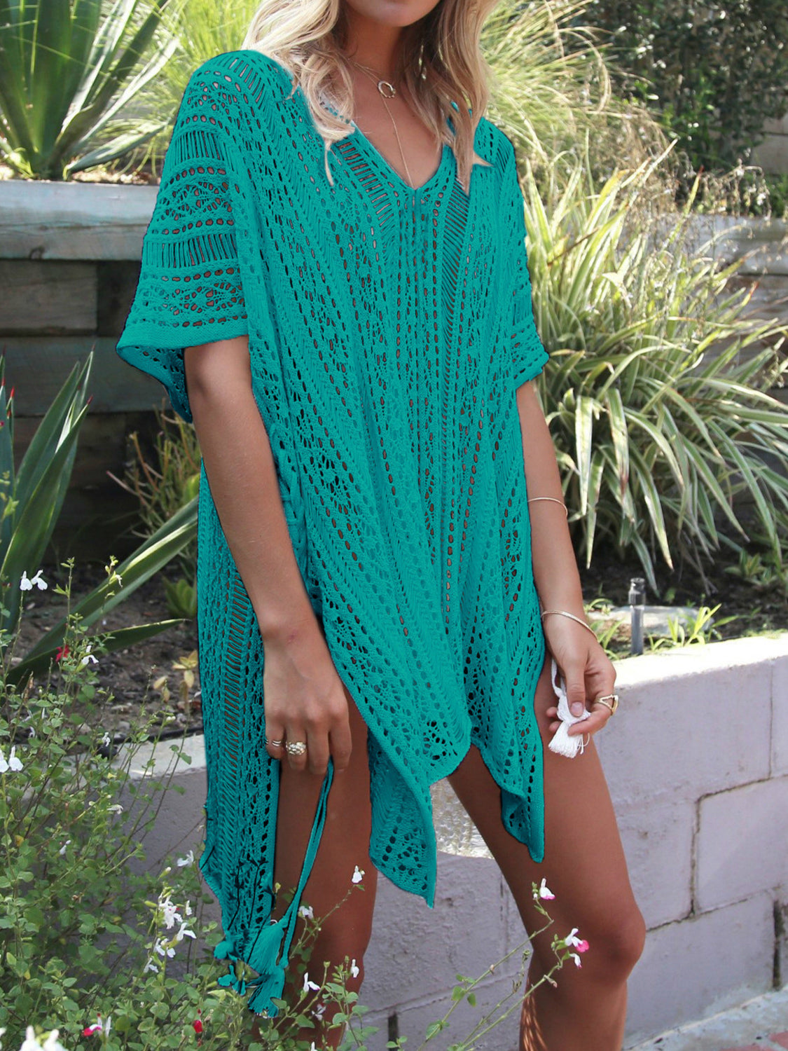 Angel Wings Cutout V-Neck Cover-Up with Tassel - The Boutie Shop