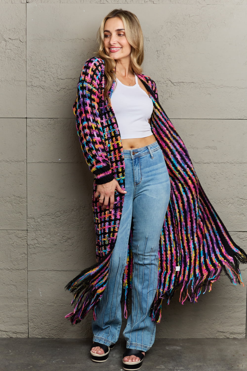 Angel Wings Full Size Multicolored Open Front Fringe Hem Cardigan - The Boutie Shop