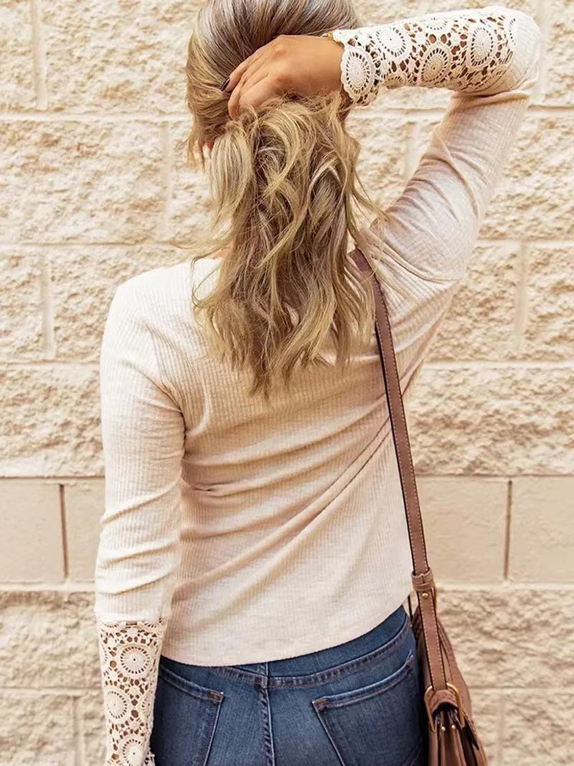 Lace Detail Half Button Long Sleve Knit Top - The Boutie Shop