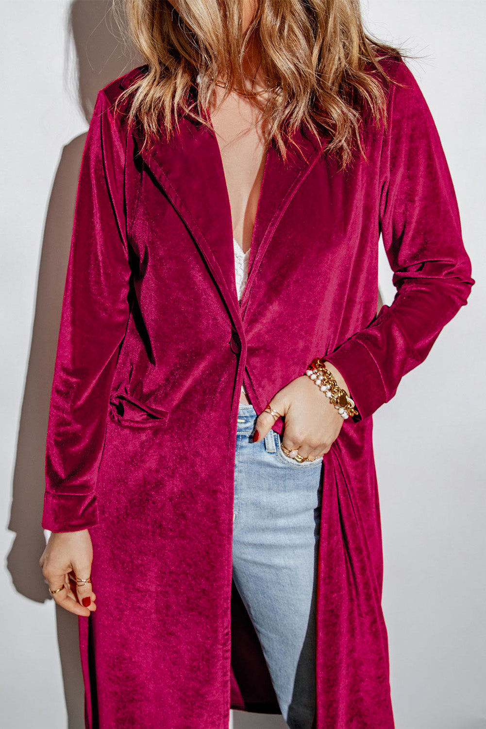 Collared Neck Longline Velvet Cardigan with Pockets - The Boutie Shop