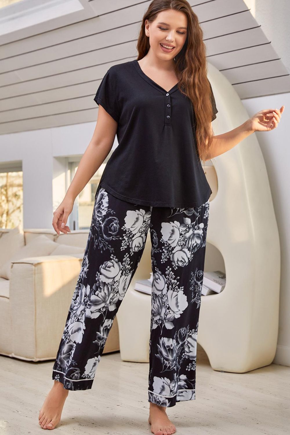 Full Size V-Neck Top and Floral Pants Lounge Set - The Boutie Shop