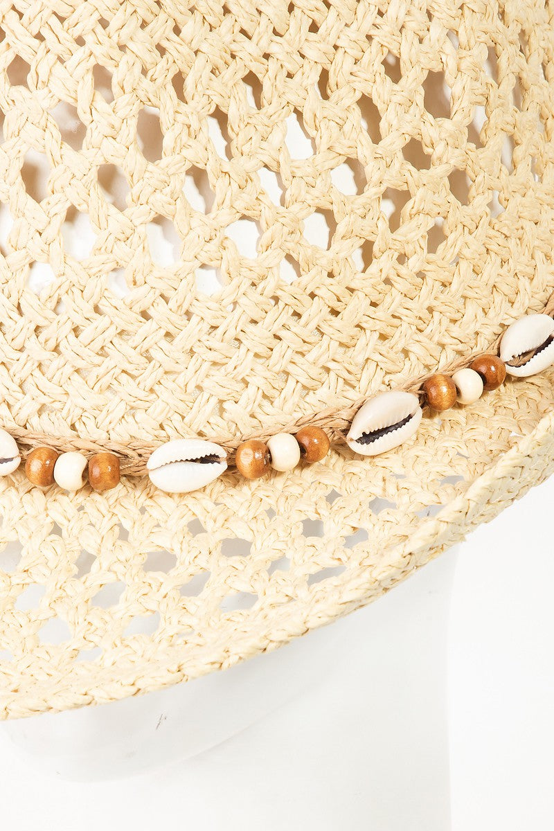 Fame Cowrie Shell Beaded String Straw Hat - The Boutie Shop