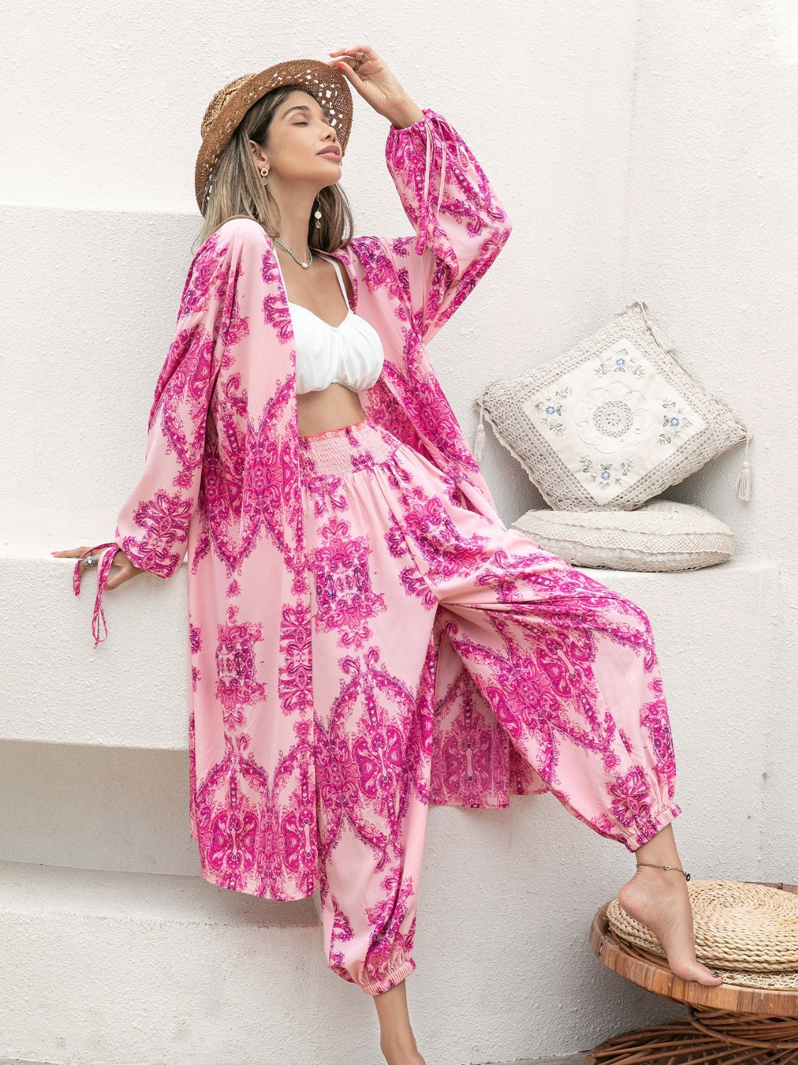 Printed Open Front Top and Pants Set - The Boutie Shop