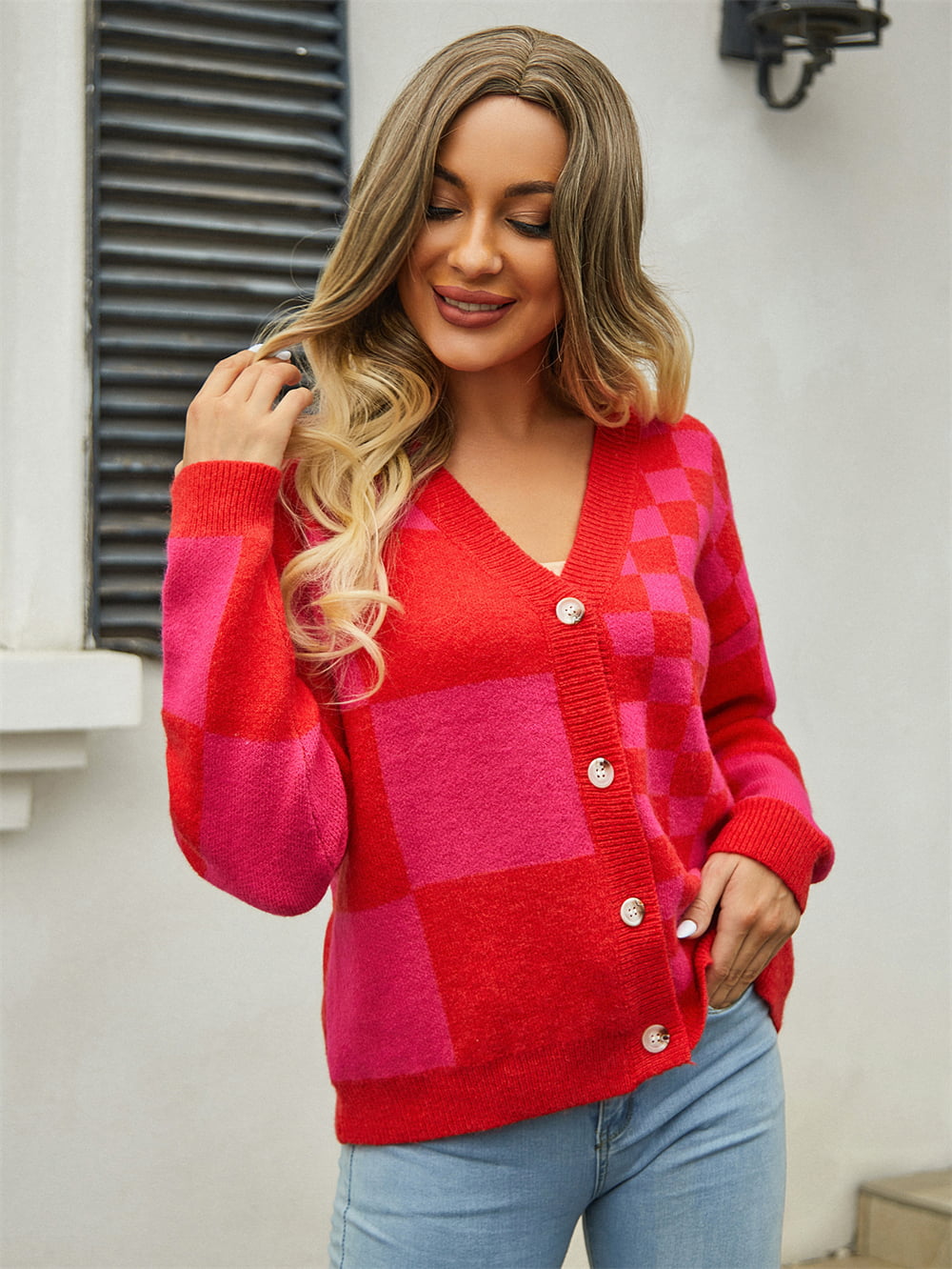 Angel Wings Plaid V-Neck Dropped Shoulder Cardigan - The Boutie Shop