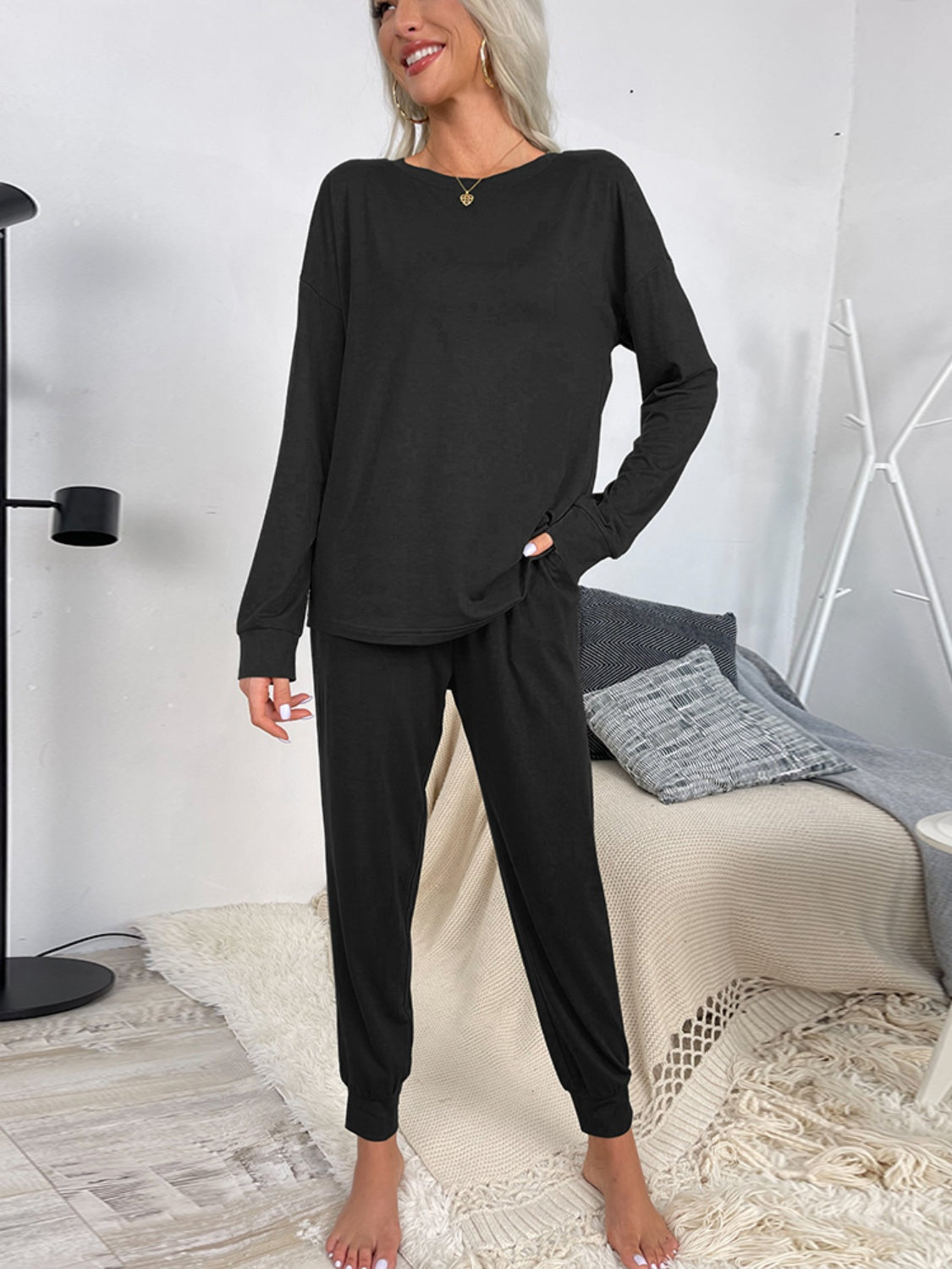 Shiny Round Neck Top and Drawstring Pants Lounge Set - The Boutie Shop