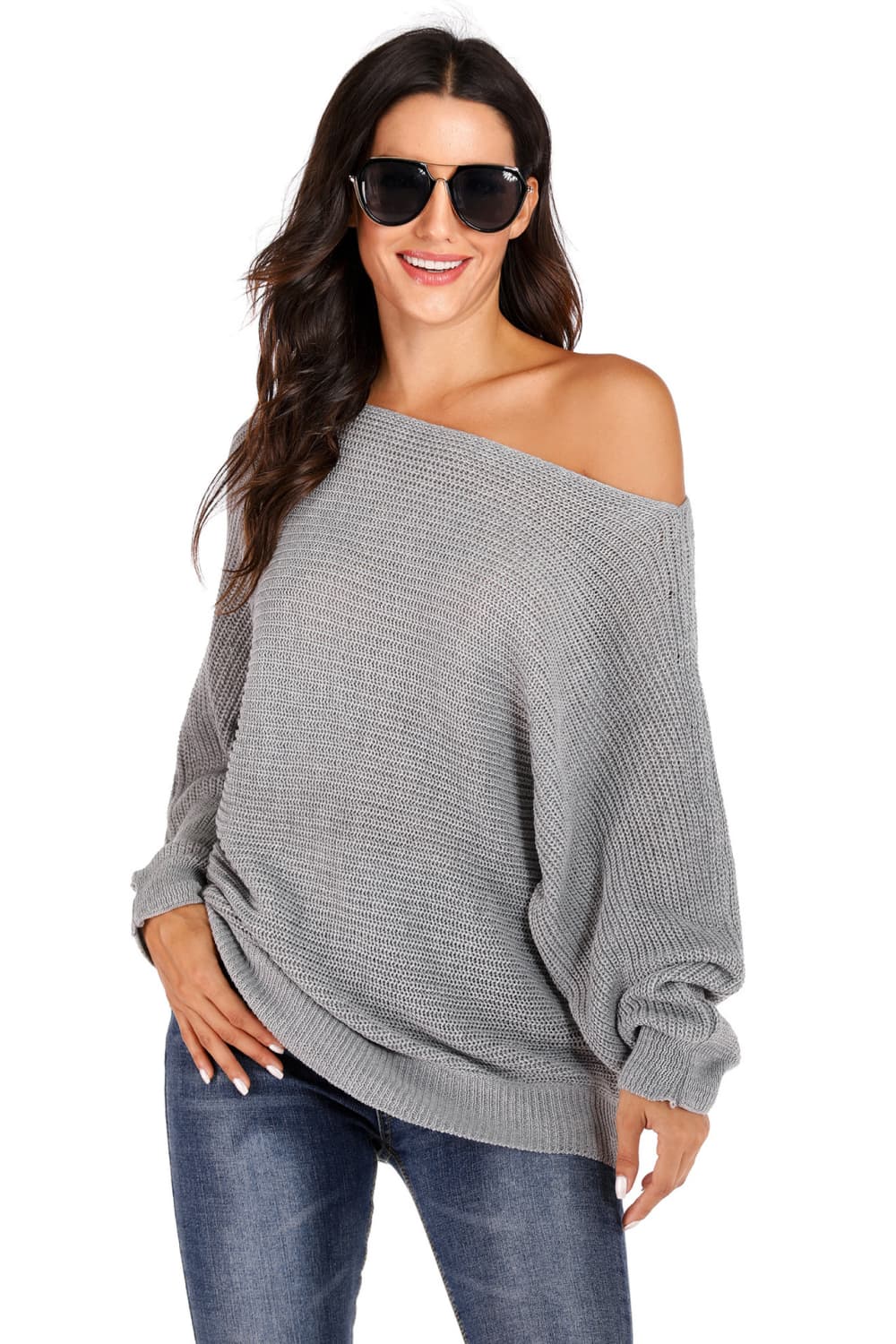 One Shoulder Dolman Sleeve Sweater - The Boutie Shop