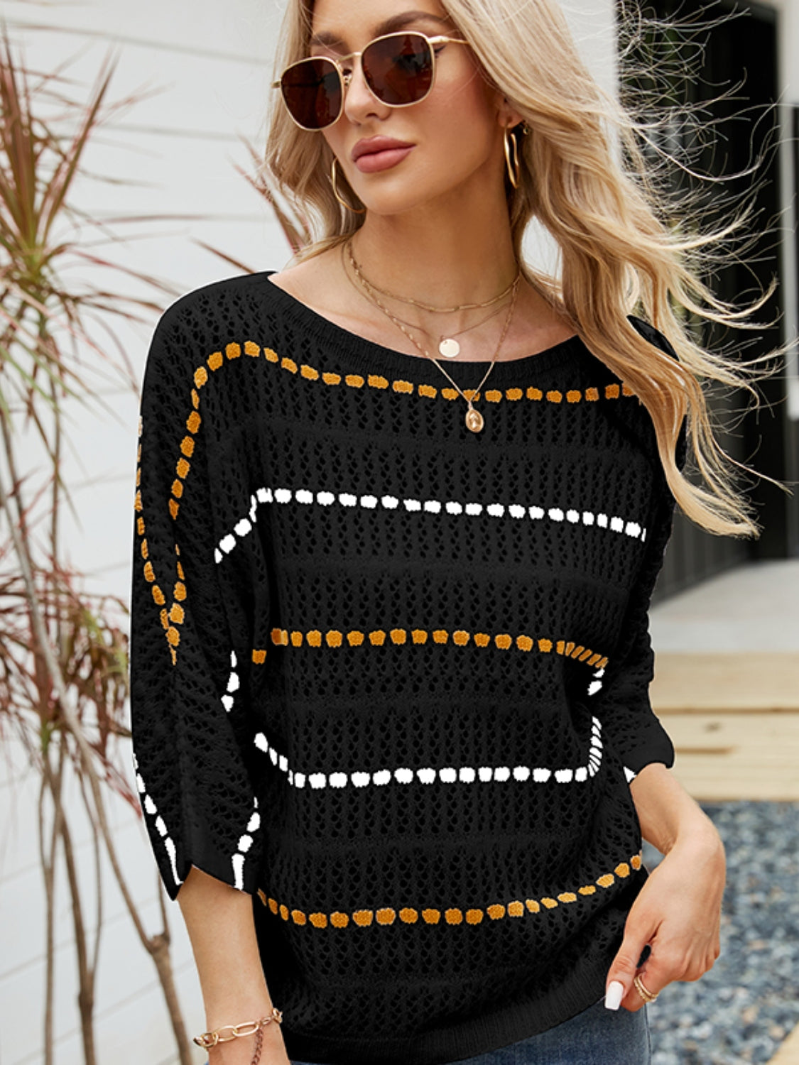 Eyelet Striped Round Neck Knit Top - The Boutie Shop