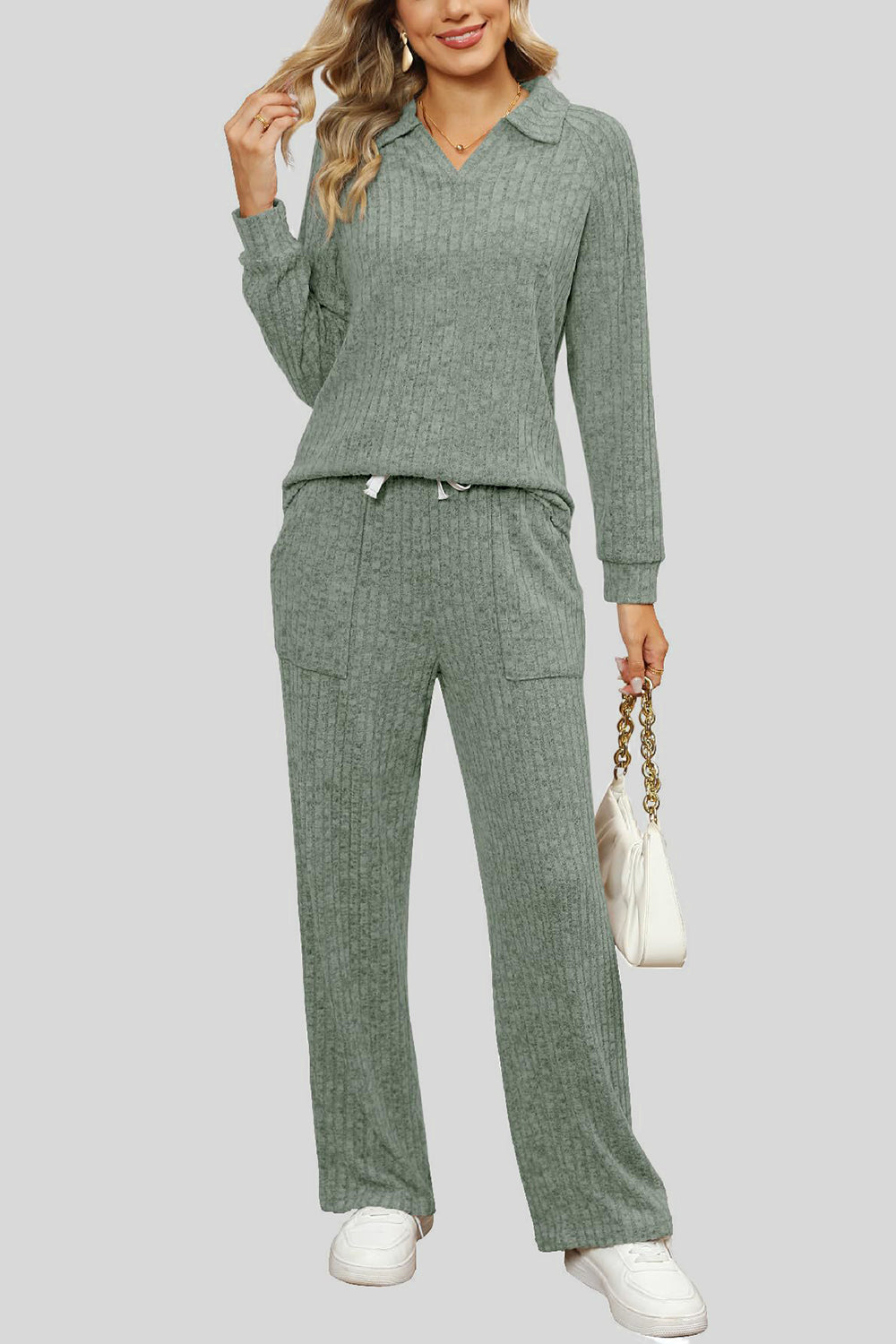 Ribbed Long Sleeve Top and Pocketed Pants Set - The Boutie Shop