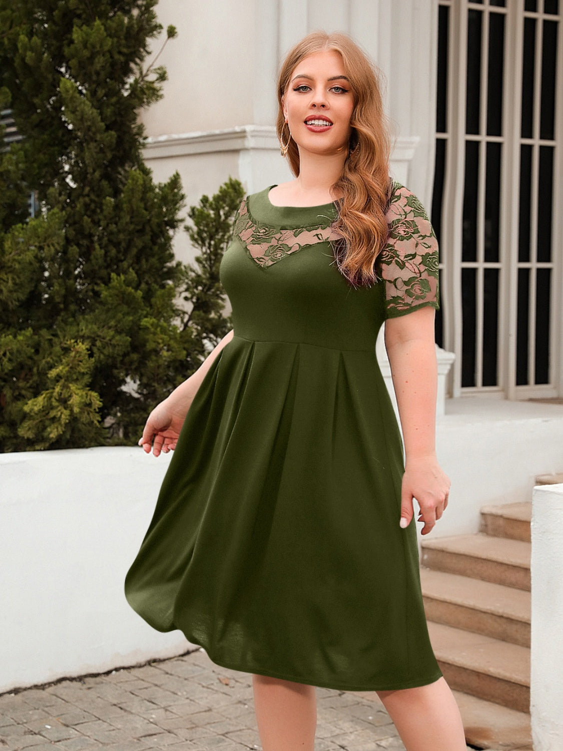 Plus Size Ruched Round Neck Short Sleeve Dress - The Boutie Shop