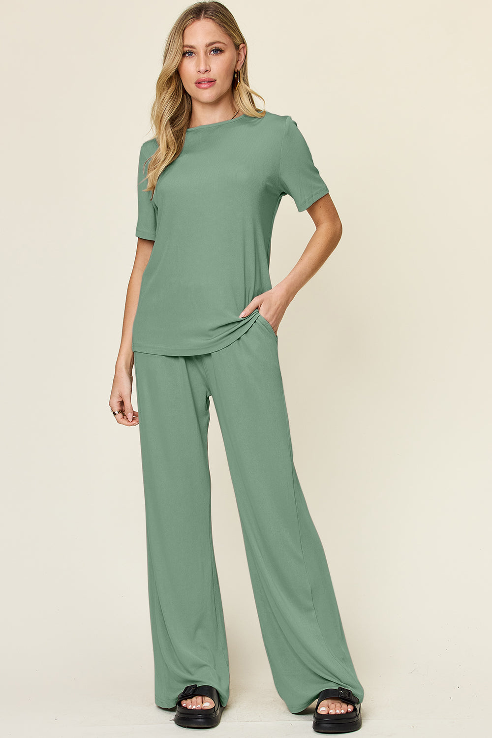 Double Take Full Size Round Neck Short Sleeve T-Shirt and Wide Leg Pants Set - The Boutie Shop