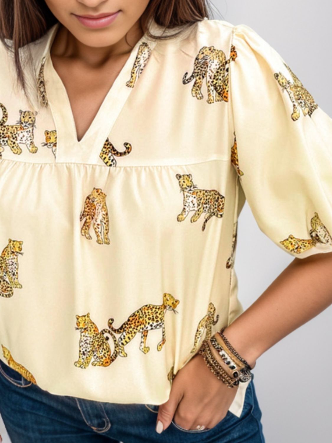 Plus Size Tiger Printed Notched Blouse - The Boutie Shop