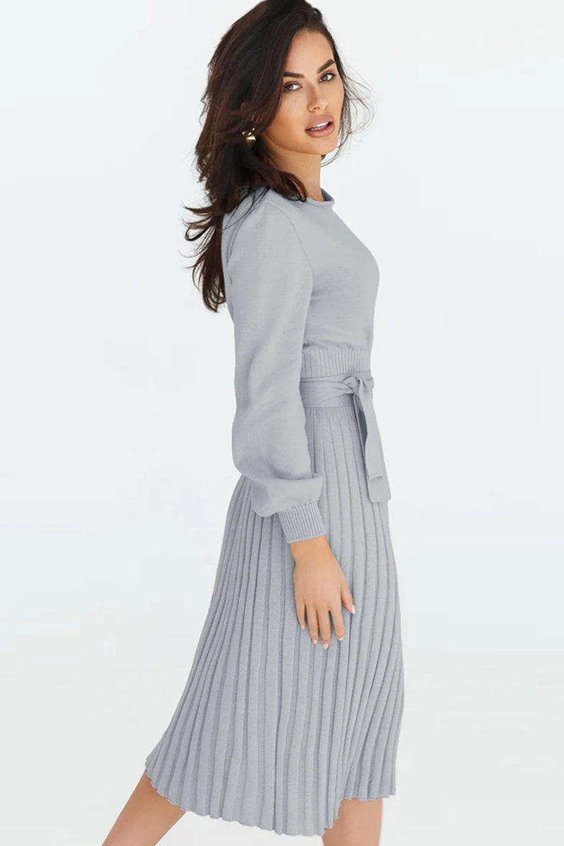 Round Neck Long Sleeve Pleated Sweater Dress - The Boutie Shop