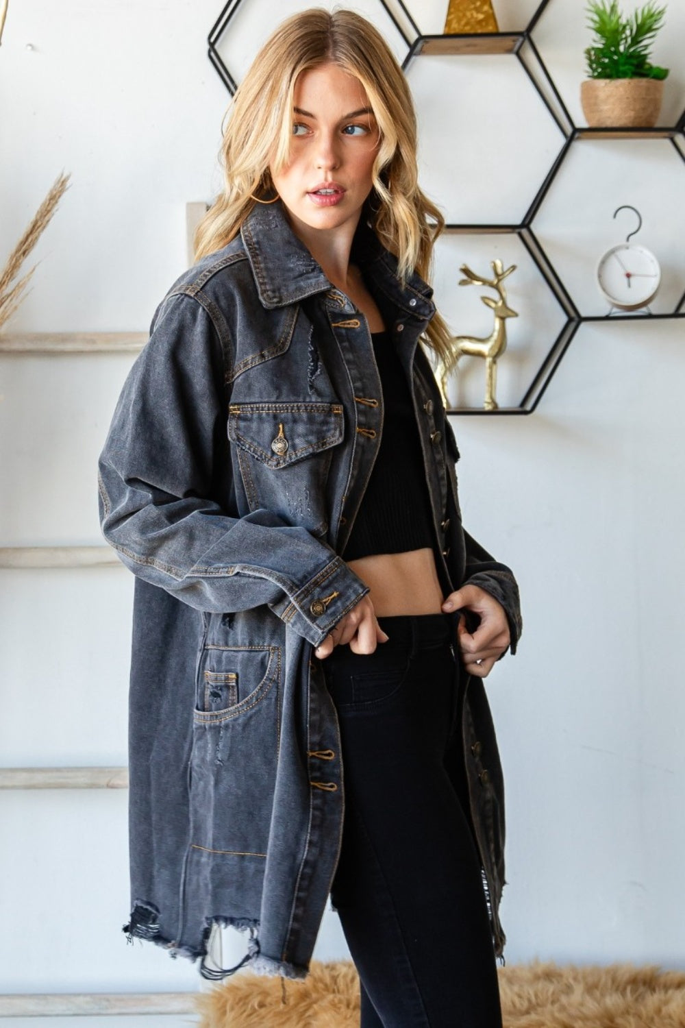 Veveret Button Up Distressed Frayed Hem Denim Jacket - The Boutie Shop