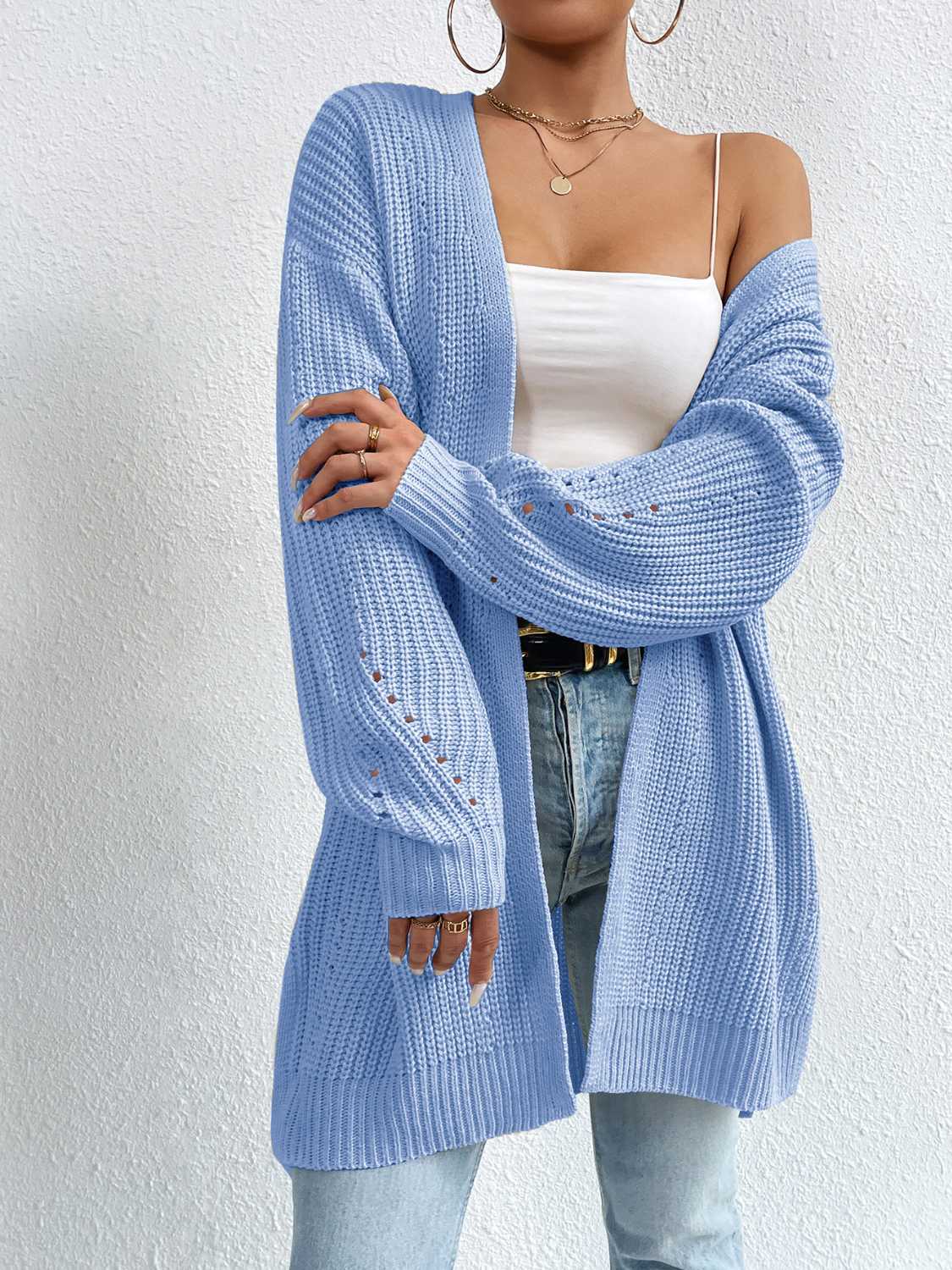 Open Front Dropped Shoulder Slit Cardigan - The Boutie Shop