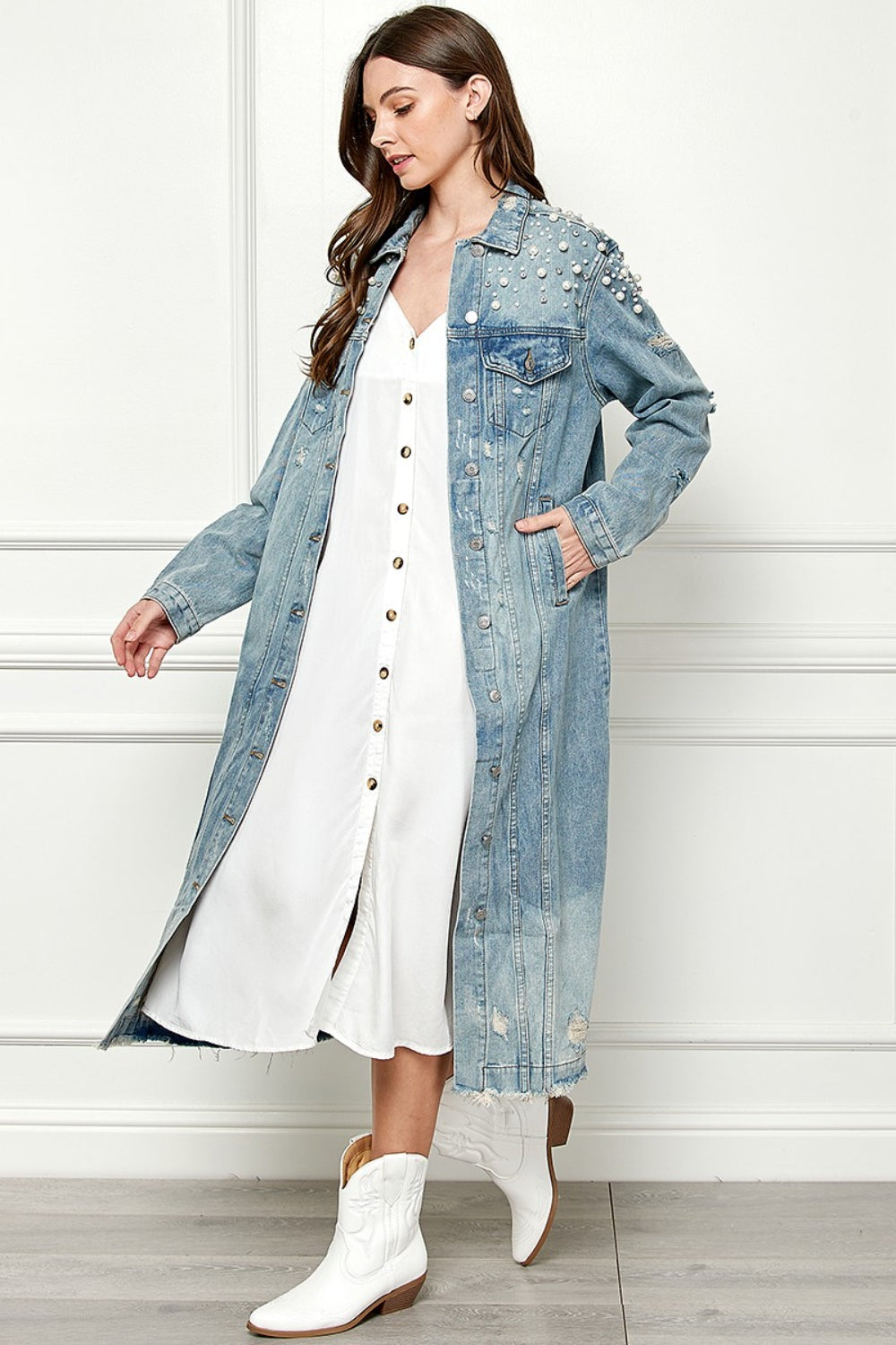 Veveret Full Size Distressed Raw Hem Pearl Detail Button Up Jacket - The Boutie Shop