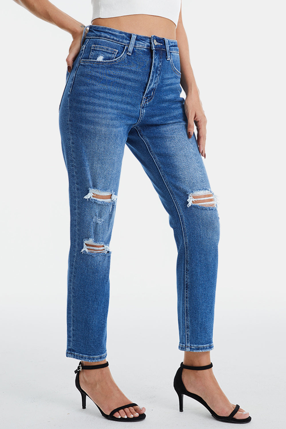 BAYEAS Full Size Distressed High Waist Mom Jeans - The Boutie Shop