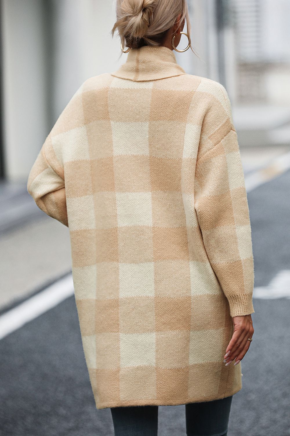 Plaid Dropped Shoulder Cardigan with Pocket - The Boutie Shop