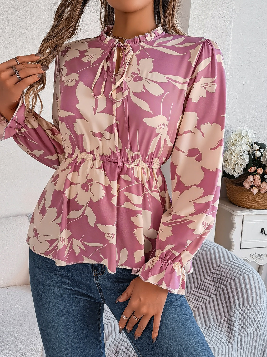 Printed Tie Neck Flounce Sleeve Blouse - The Boutie Shop