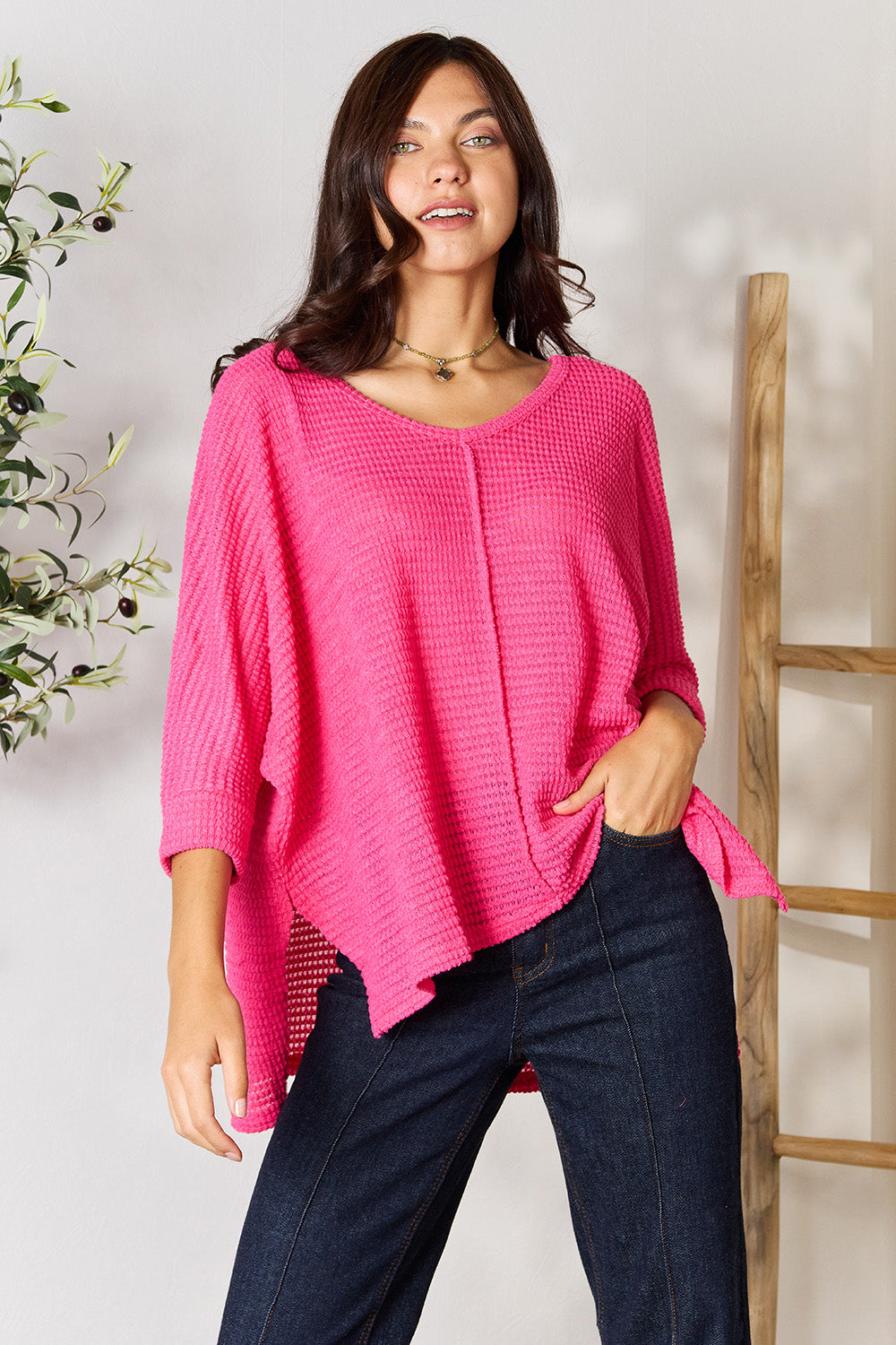 Zenana Full Size Round Neck High-Low Slit Knit Top - The Boutie Shop