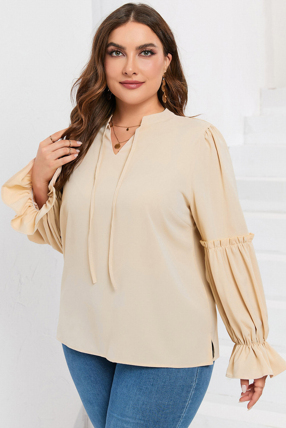 Plus Size Ruffled Tie Neck Flounce Sleeve Blouse - The Boutie Shop