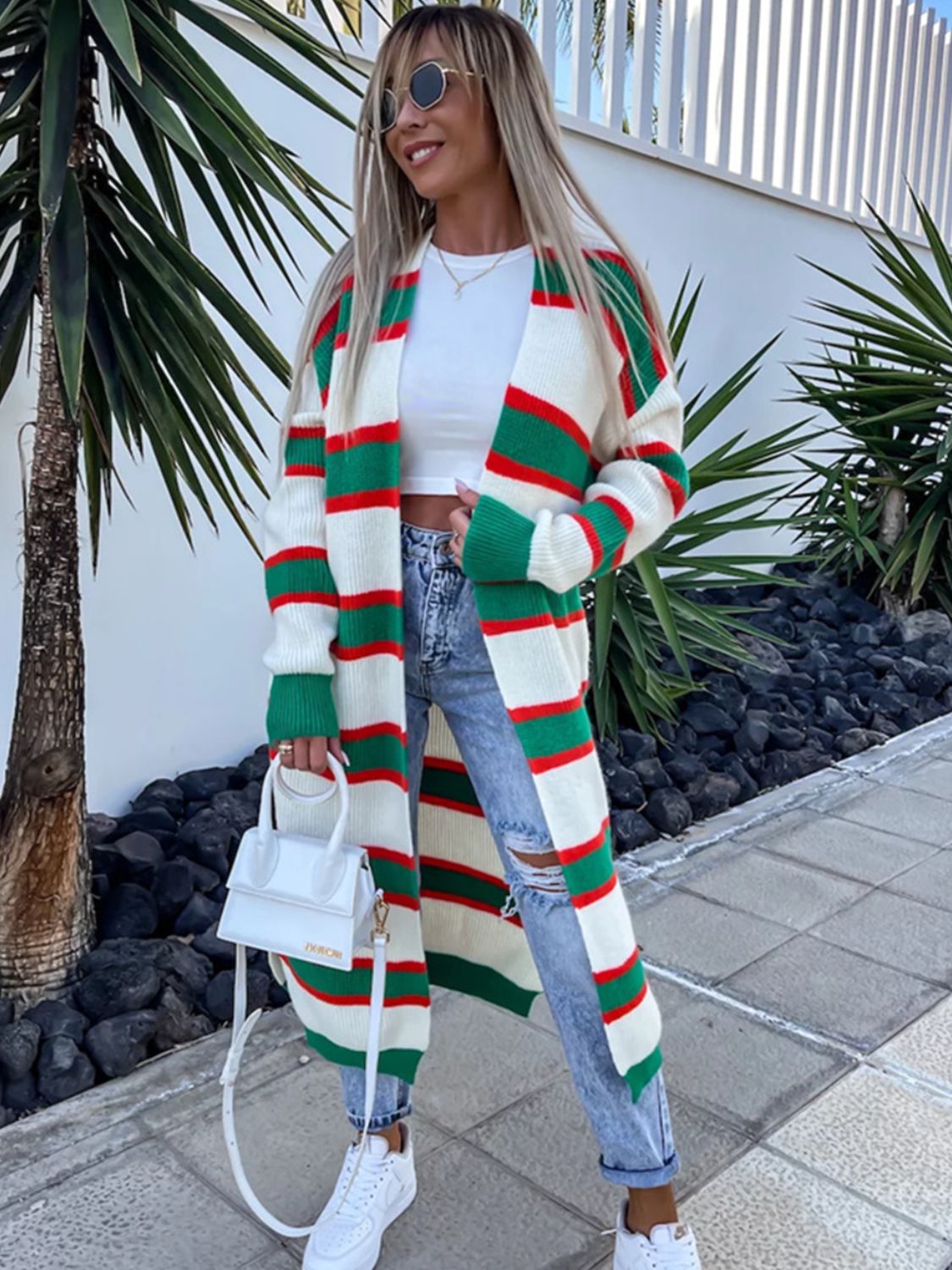 Striped Open Front Longline Cardigan - The Boutie Shop