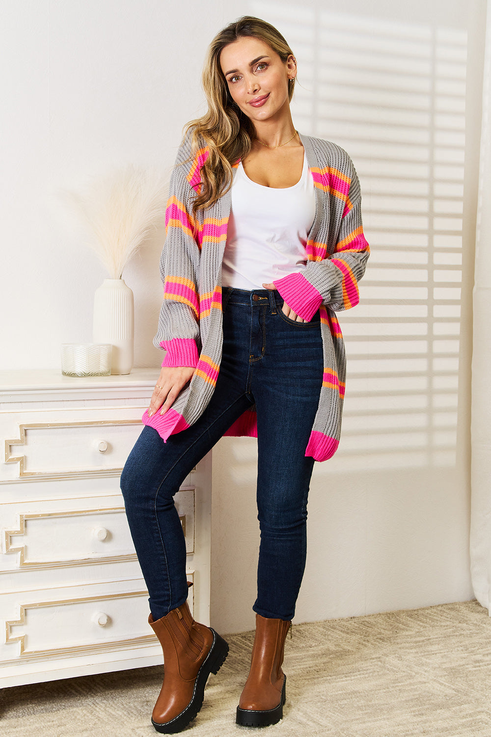 Woven Right Ribbed Long Sleeve Cardigan - The Boutie Shop