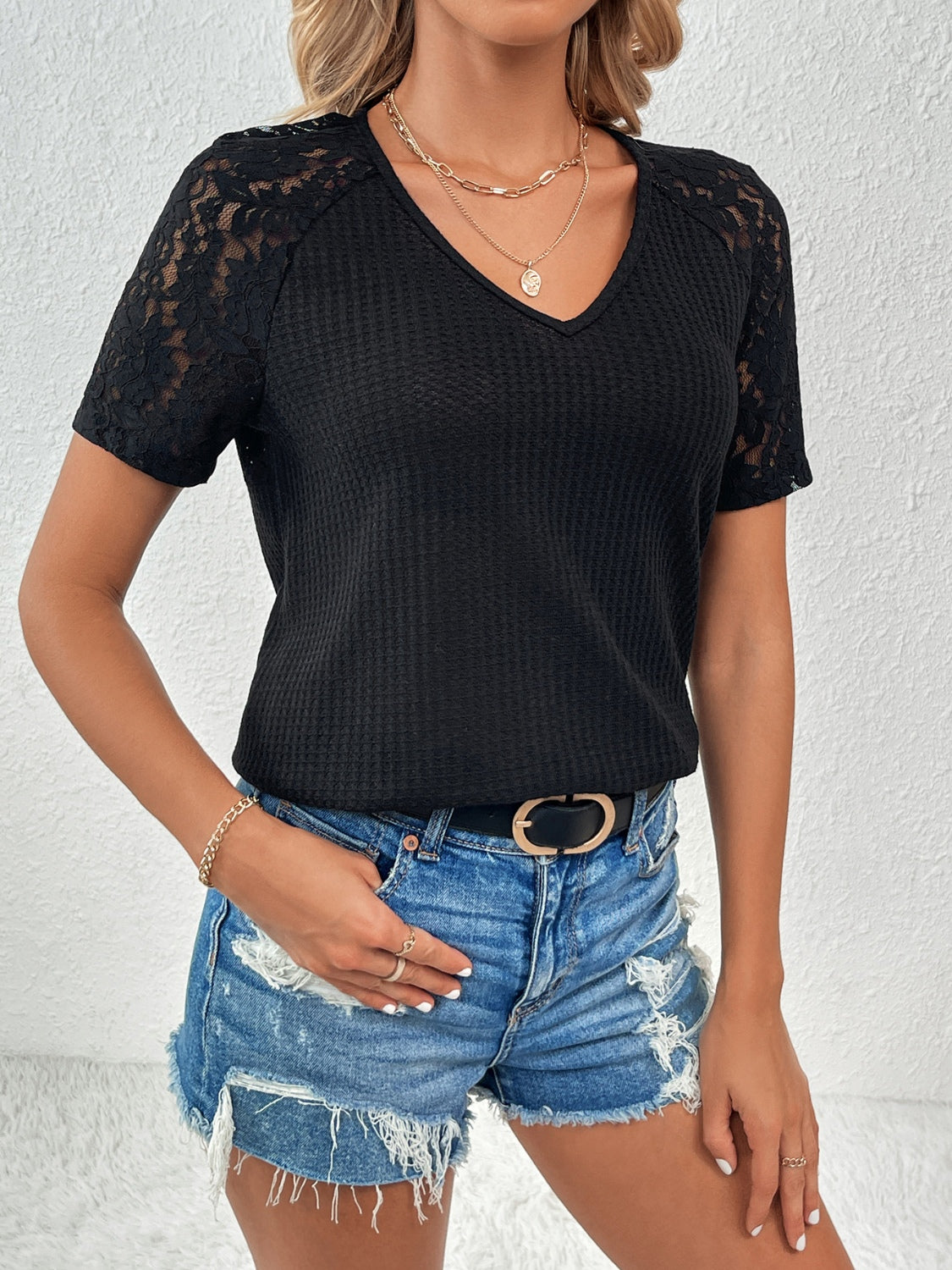 Ivy Lane Lace Detail V-Neck Short Sleeve T-Shirt - The Boutie Shop