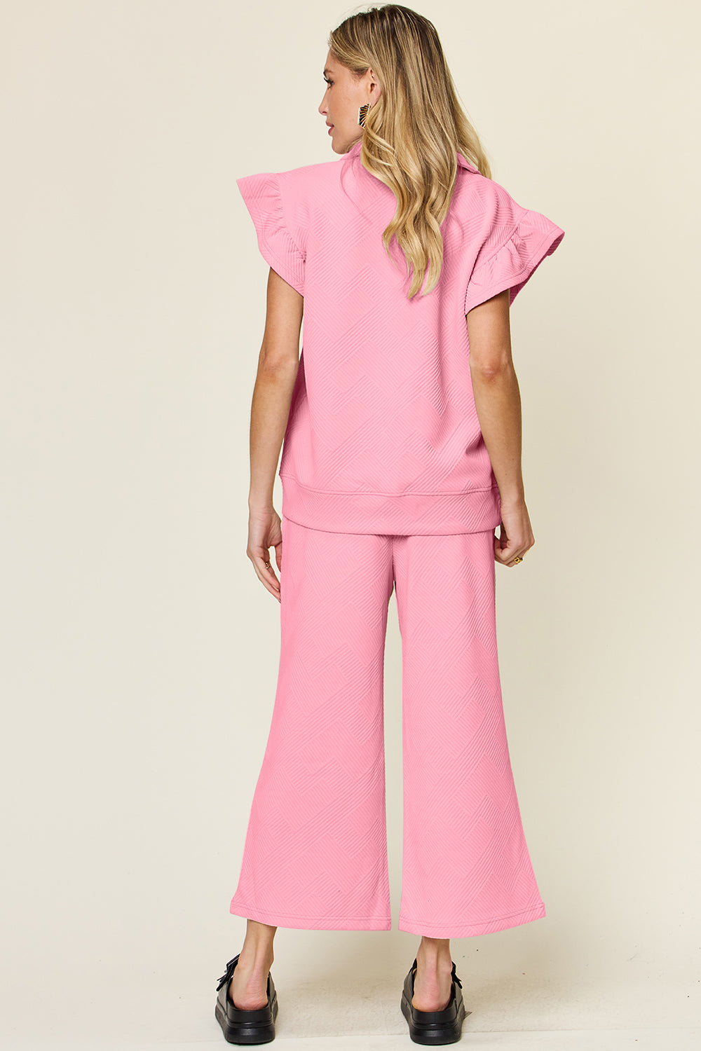 Double Take Texture Ruffle Short Sleeve Top and Drawstring Wide Leg Pants Set - The Boutie Shop