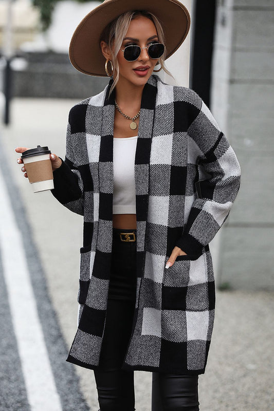 Plaid Dropped Shoulder Cardigan with Pocket - The Boutie Shop