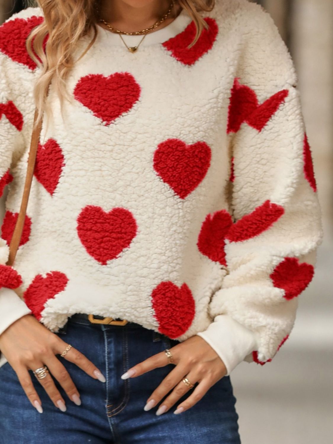 Fuzzy Heart Dropped Shoulder Sweatshirt - The Boutie Shop